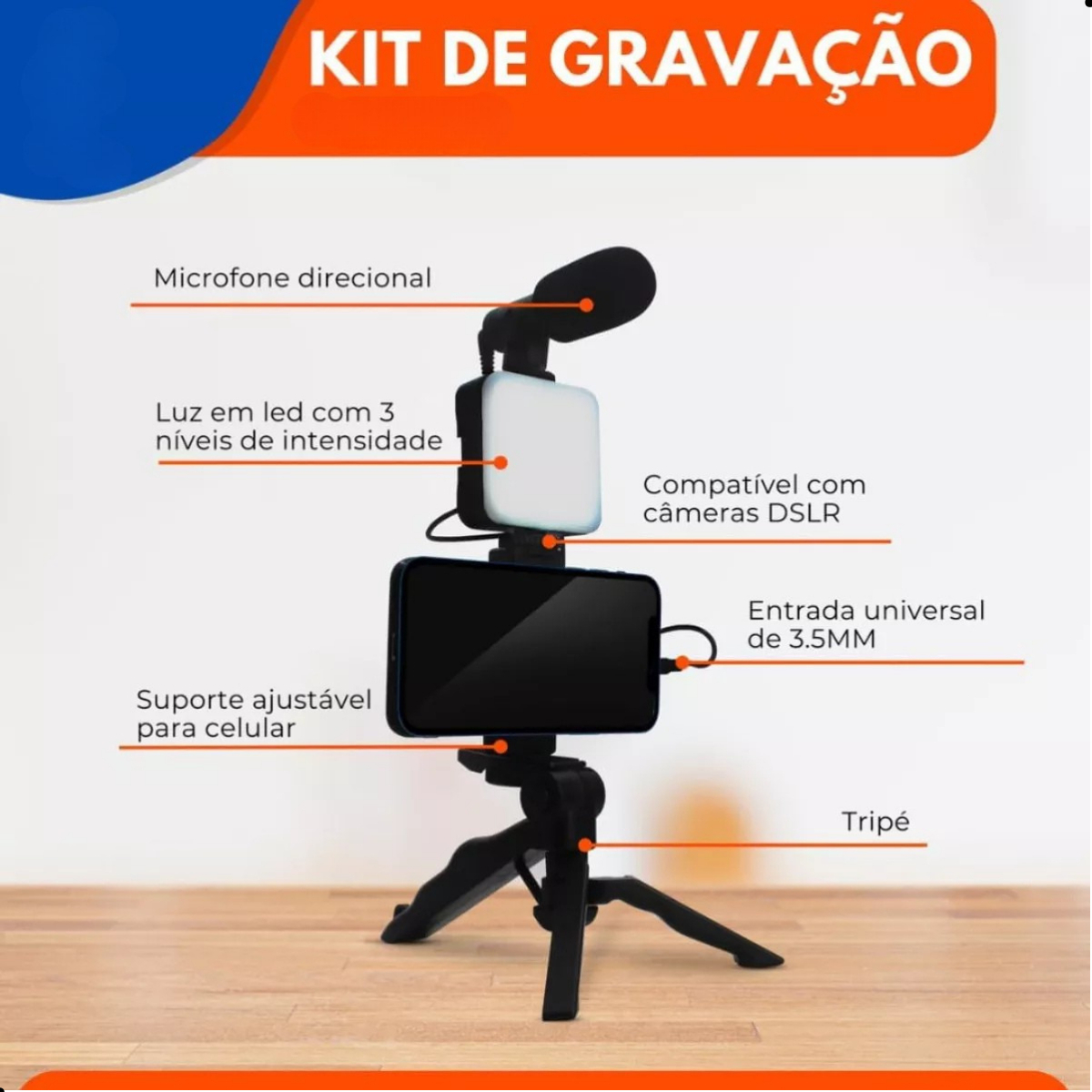 Kit Tripé H'maston Zb04 Vlog Celular Luz Led + Microfone Preto - Imagem 4