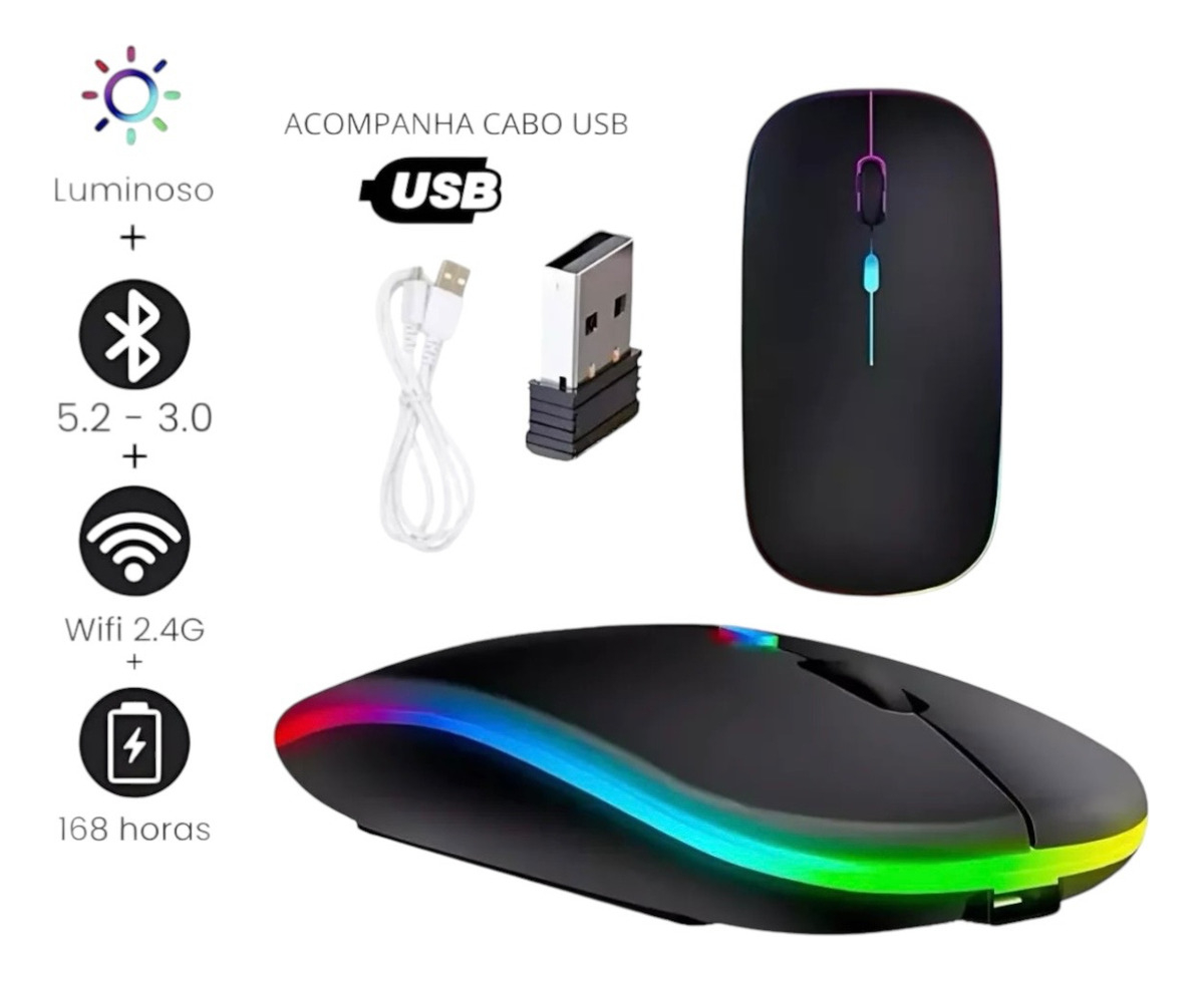 Mouse Silencioso Sem Fio Com Luz E Bateria Usb Preto - Imagem 5