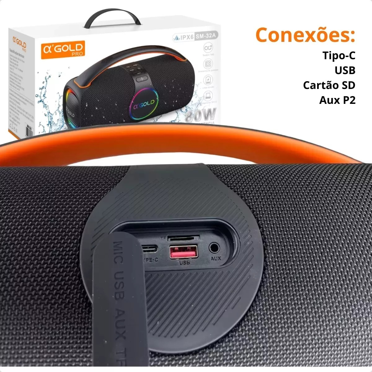 Caixinha De Som Bluetooth 80w Sem Fio Resistente Água Ipx6 Preto 127/220v - Imagem 3
