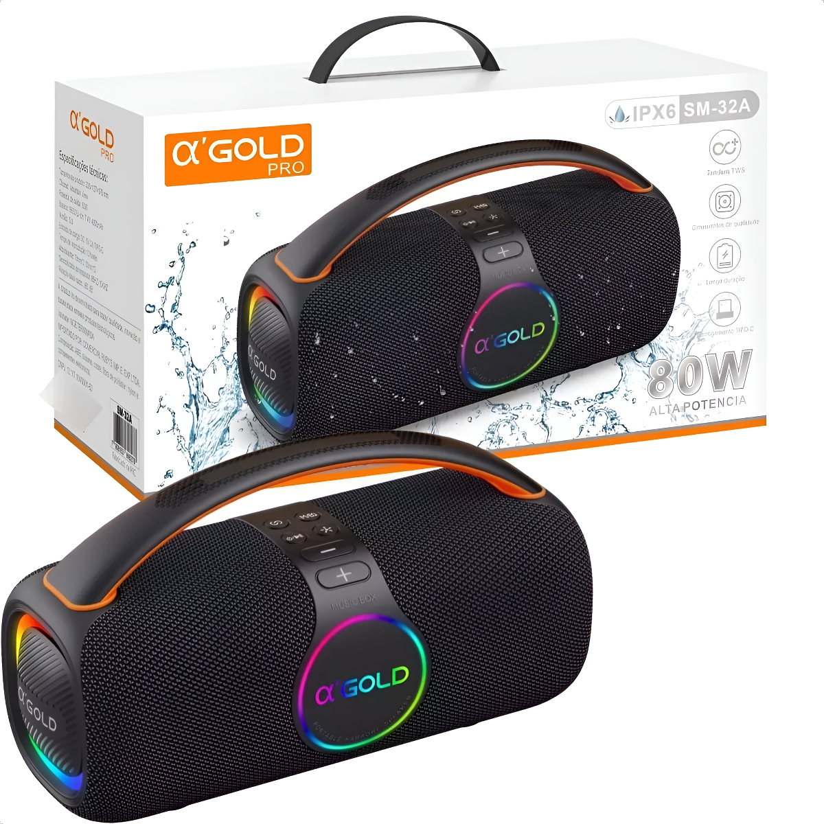 Caixinha De Som Bluetooth 80w Sem Fio Resistente Água Ipx6 Preto 127/220v - Imagem 4