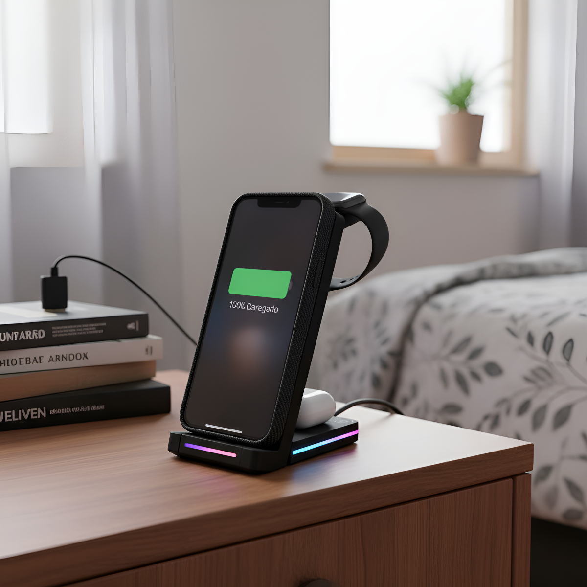 Carregador Indutivo Dobrável Rápido 3 Em 1 Wireless Preto - Imagem 2