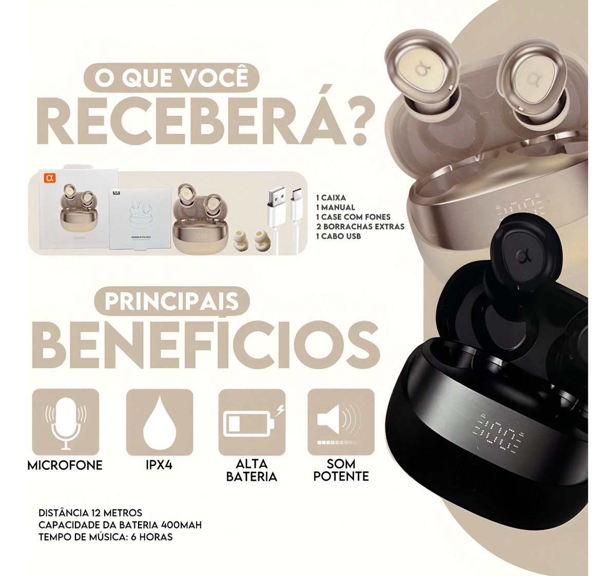 Fone De Ouvido Bluetooth Preto Som Forte Preto - Imagem 3