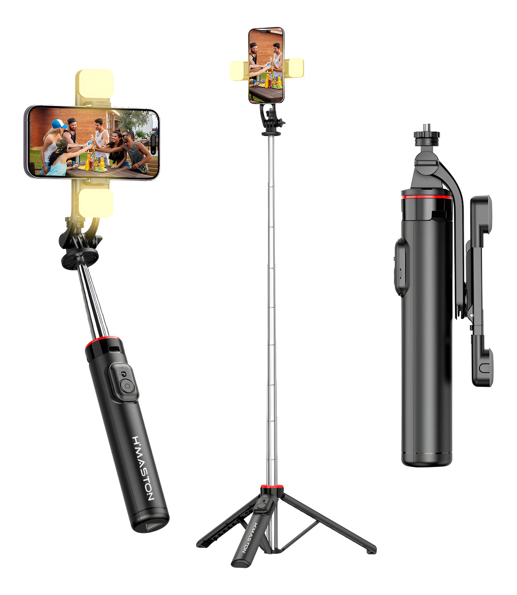 Bastão Tripé Selfie 135cm Luz Led Controle 360° Remoto Preto - Imagem 2