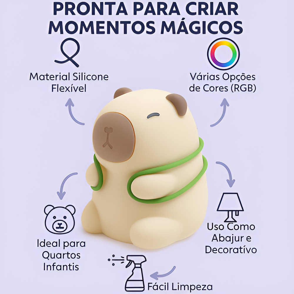 Luminária Capivara Silicone Recarregável Abajur Infantil Led Bege 127/220v - Imagem 4