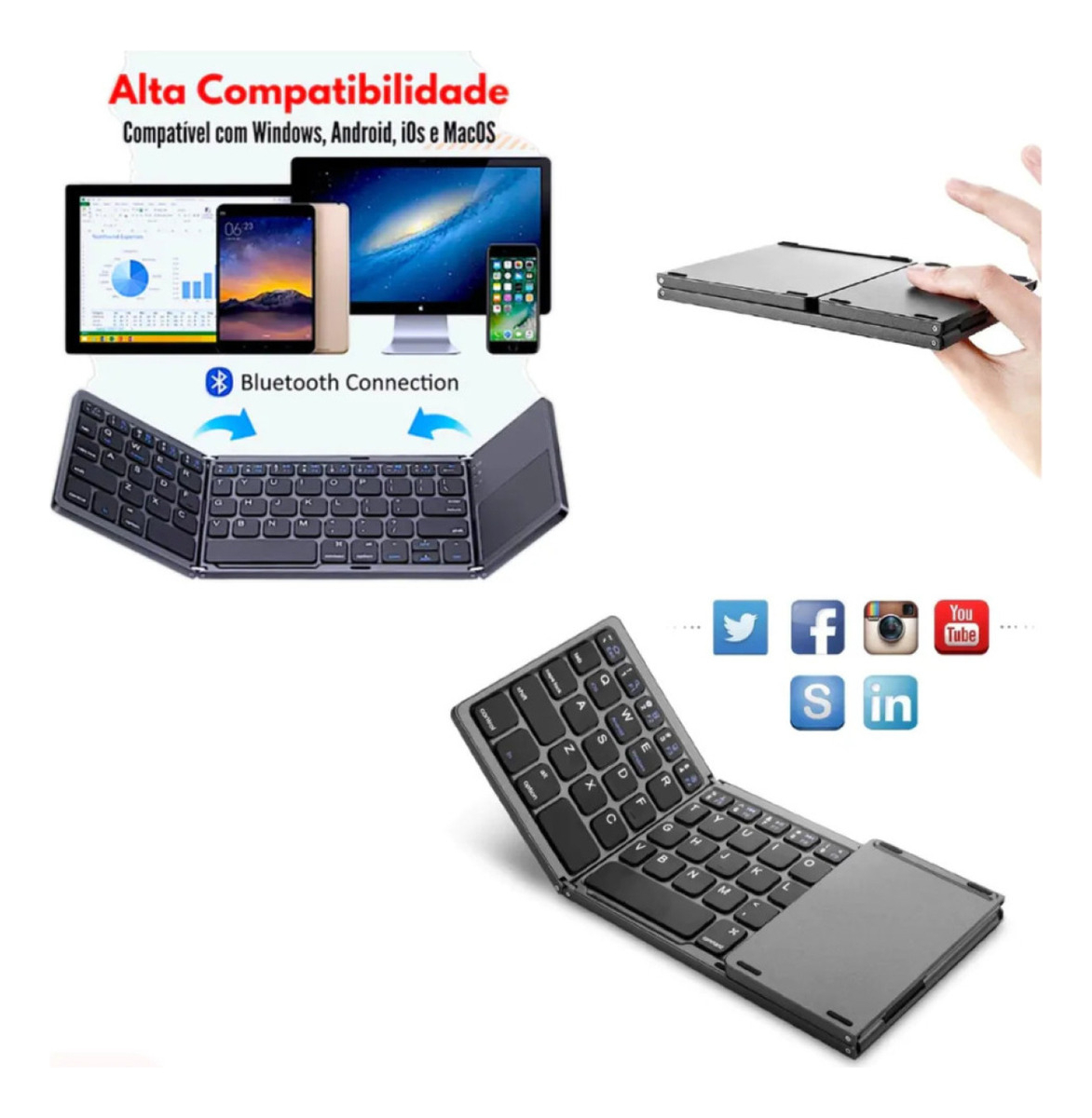 Mini Teclado Touch Dobrável Bluetooth Para Celular E Tablet Cinza - Imagem 3