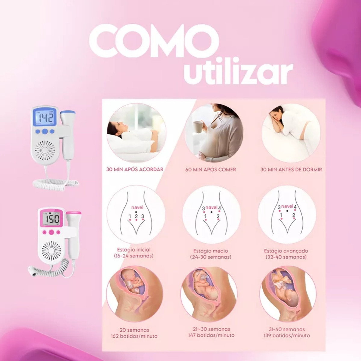 Ultrassom Para Ouvir Coração Do Bebê Doppler Rosa-chiclete - Imagem 3