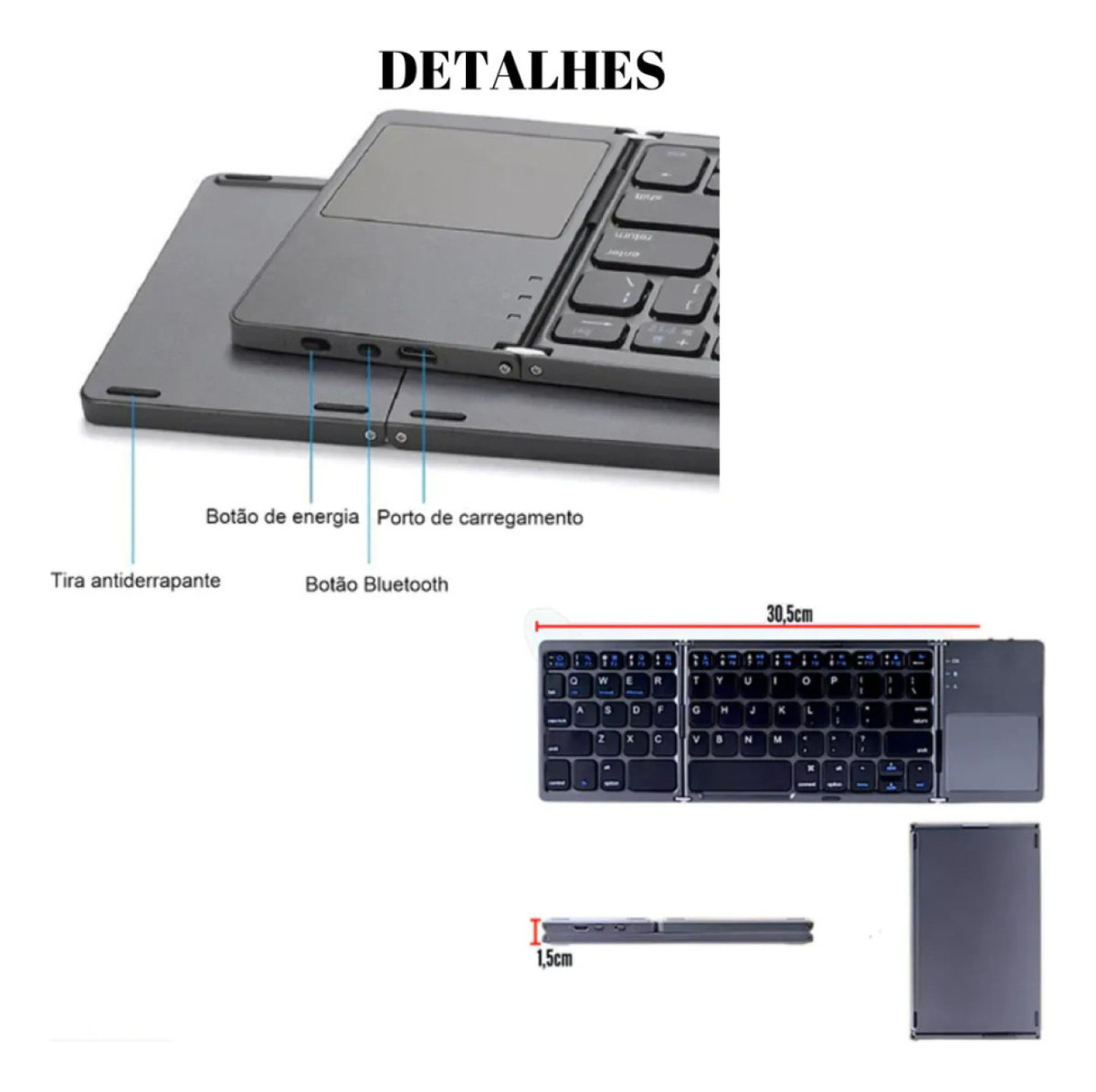 Mini Teclado Touch Dobrável Bluetooth Para Celular E Tablet Cinza - Imagem 6