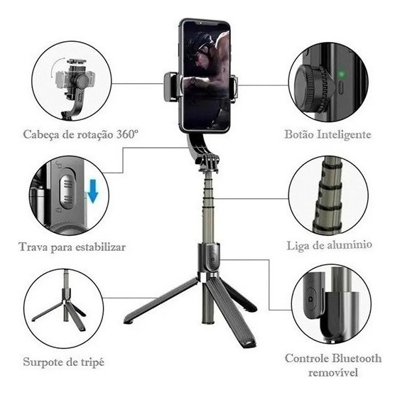 Estabilizador Gimbal Para Celular Com Controle Tripé Preto - Imagem 7
