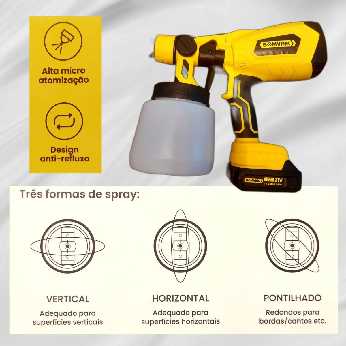 Pulverizador Bomvink Bom-9720 Pistola Pintura Sem Fio Bateria 21v Amarelo 127/220v - Imagem 7