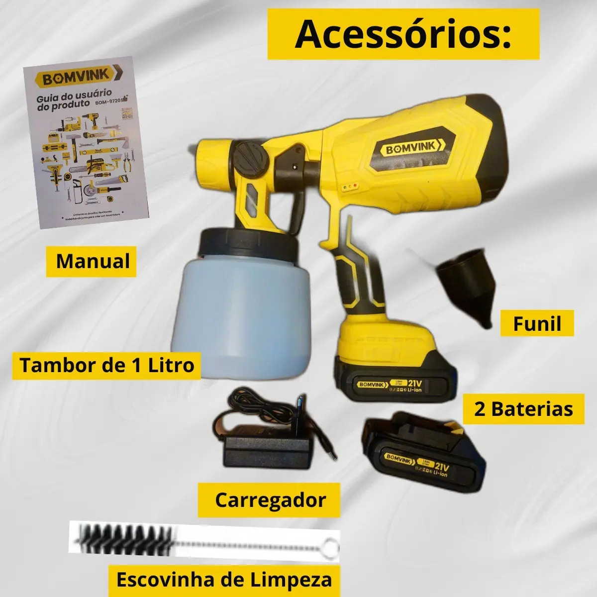 Pulverizador Bomvink Bom-9720 Pistola Pintura Sem Fio Bateria 21v Amarelo 127/220v - Imagem 8