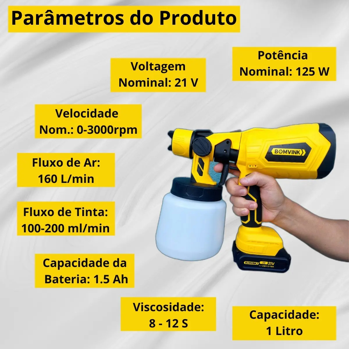 Pulverizador Bomvink Bom-9720 Pistola Pintura Sem Fio Bateria 21v Amarelo 127/220v - Imagem 9
