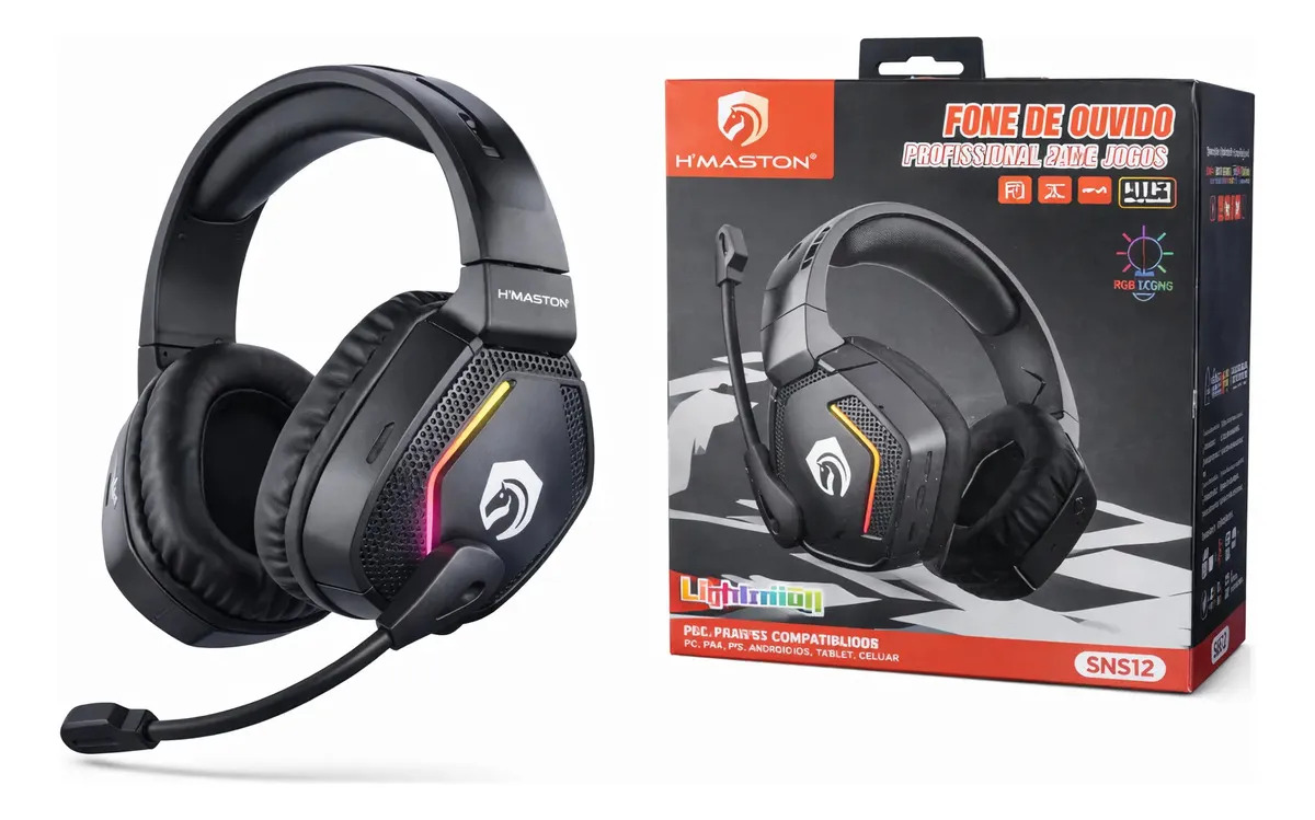 Fone De Ouvido Gamer Bluetooth Hmaston Sns12 Rgb Com Microfone Estéreo Preto - Imagem 2